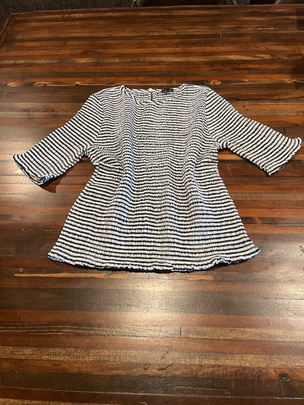 Ann Taylor Gingham Striped Textured Knit Top - Navy and White - medium